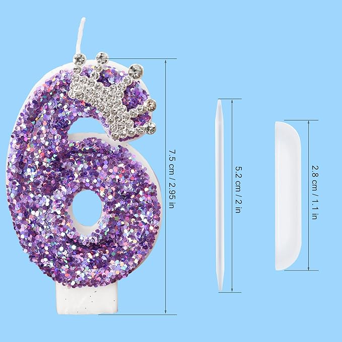 Birthday Number Candles,Purple Crown Birthday Candles for Cake,Glitter Number 6 Candle Cake Topper with Sequins for Anniversary Celebrations Supplies (Number 6)