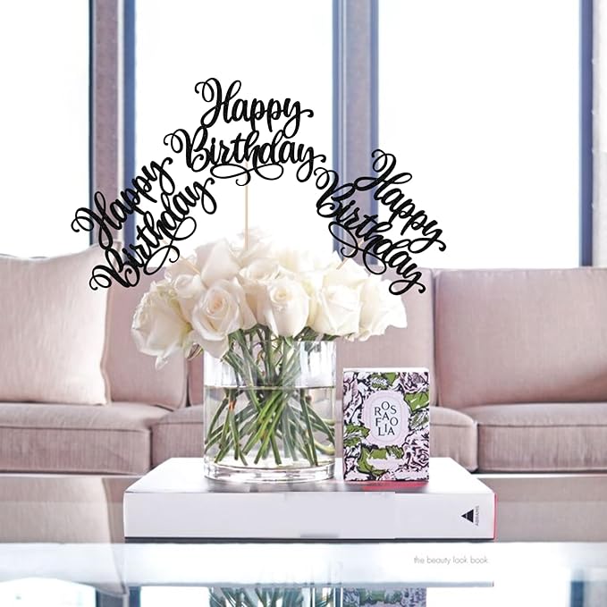 12 PCS Happy Birthday Centerpieces Sticks Double Sided Glitter Birthday Party Decorations Anniversary Table Flower Centerpiece for Celebrating Birthday Party Centerpieces Supplies Black