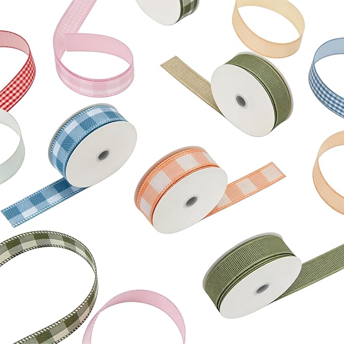 Meseey 1 Inch Plaid & Burlap Wired Ribbon, 6 Rolls Total 30 Yards, Buffalo Check Ribbon for Gift Wrapping, Wreath Making, Crafts, Floral Arrangements, Holiday Decor