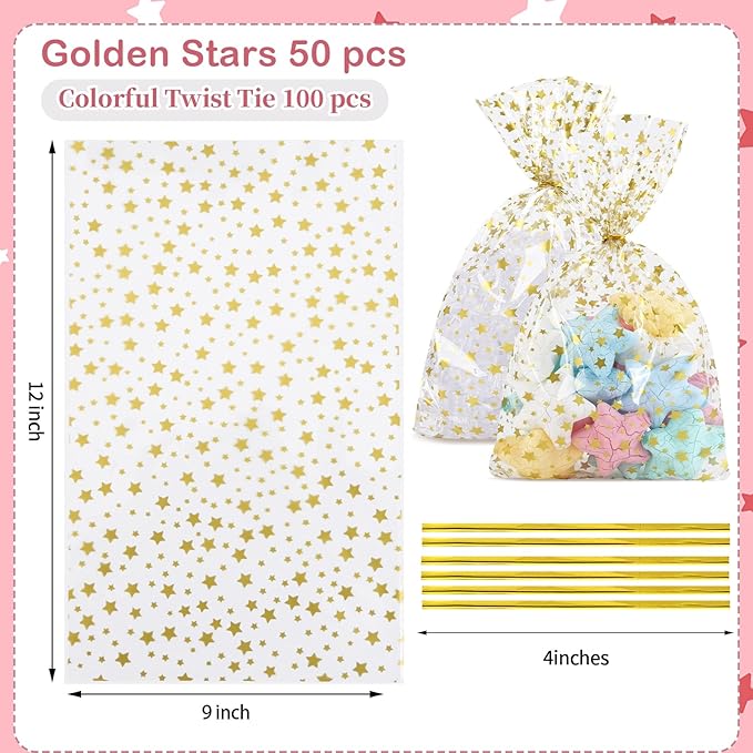 50 Pcs Cellophane Bags,9x12 Inch Gold Star Printed Cellophane Treat Bags with Twist Ties, for Cookies, Candy, Bakery, Birthday, Wedding, Valentine's Day, Baby Shower & Holiday Party Favors