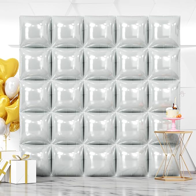 NISOCY 25PCS Gray Square Foil Balloons Wall Backdrop Double Sided Light Grey Balloon Arch Kit for Birthday Baby Shower Graduation Anniversary Retirement Gender Reveal Party Decoration