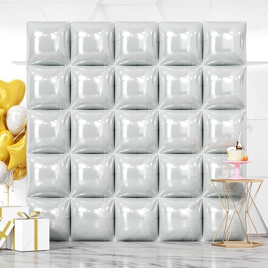 NISOCY 25PCS Gray Square Foil Balloons Wall Backdrop Double Sided Light Grey Balloon Arch Kit for Birthday Baby Shower Graduation Anniversary Retirement Gender Reveal Party Decoration