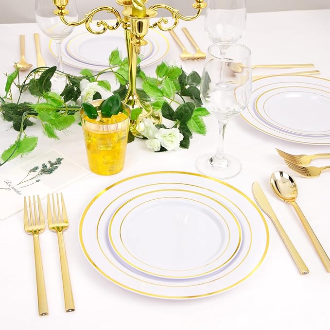 Rubtlamp 3 Packs of 60 Pcs Gold Plastic Silverware - 180 Pcs Heavy Duty Disposable Plastic Utensils - Gold Plastic Cutlery Set for Party&Wedding