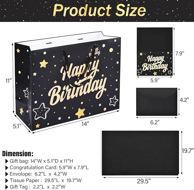 ZGORENDZ 14'' Large Gift Bag Gold Foil Happy Birthday Party Bag with Tissue Paper, Card, Envelope, Gift Tag