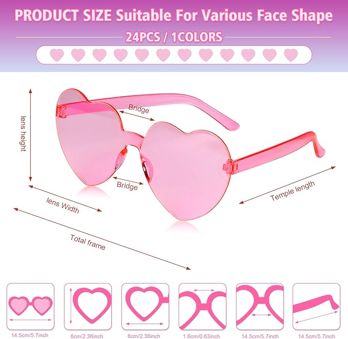 NACHLYNN 24 Pairs Pink Heart Sunglasses for Women Rimless Heart Shaped Sunglasses Candy Color Glasses for Party Favors