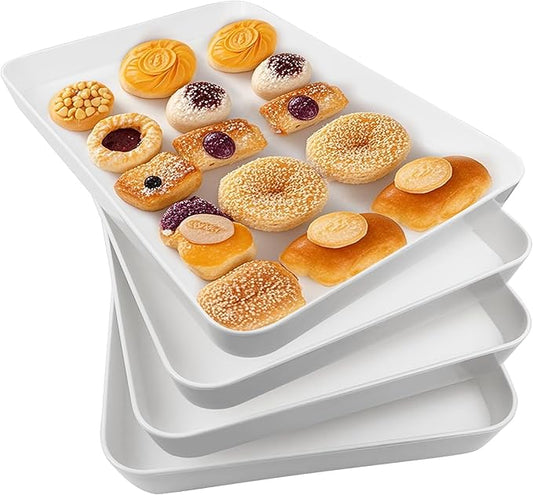 4 Pcs 16" x 11" Large Serving Trays for Party Supplies, Plastic Platters for Serving Food, Unbreakable Reusable Trays for Snack, Fruit, Cookies, Desserts in Kitchen, BPA Free, White