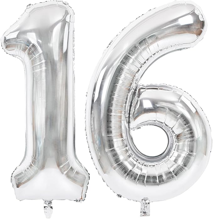 TONIFUL 40 Inch Large Silver Number 16 Balloons Giant Digital 16 or 61 Helium Foil Mylar Big Number Balloons for 2026 Graduation New Year Eve 16th or 61st Birthday Party 16th or 61st Anniversary