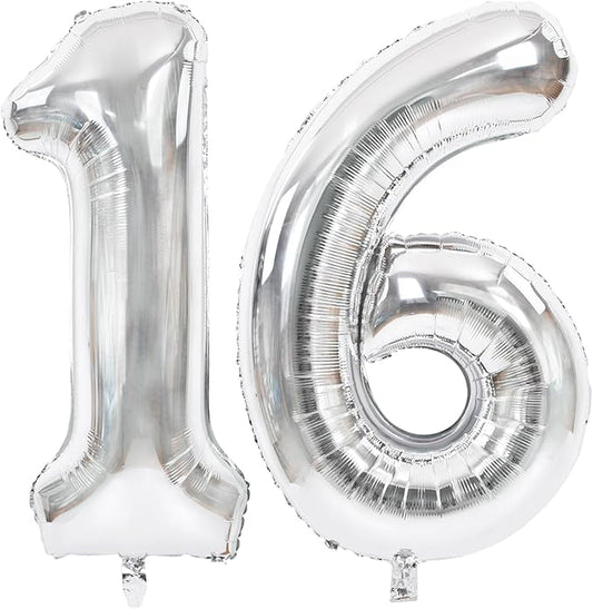 TONIFUL 40 Inch Large Silver Number 16 Balloons Giant Digital 16 or 61 Helium Foil Mylar Big Number Balloons for 2026 Graduation New Year Eve 16th or 61st Birthday Party 16th or 61st Anniversary