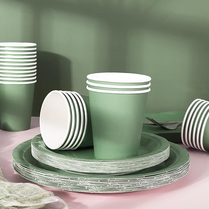 Whaline 100Pcs Sage Green Tableware Set Wedding Disposable Dinnerware Set 50 Paper Plates 25 Napkin 25 Cups for Wedding Birthday Bride Baby Shower Party Supplies Table Decorations