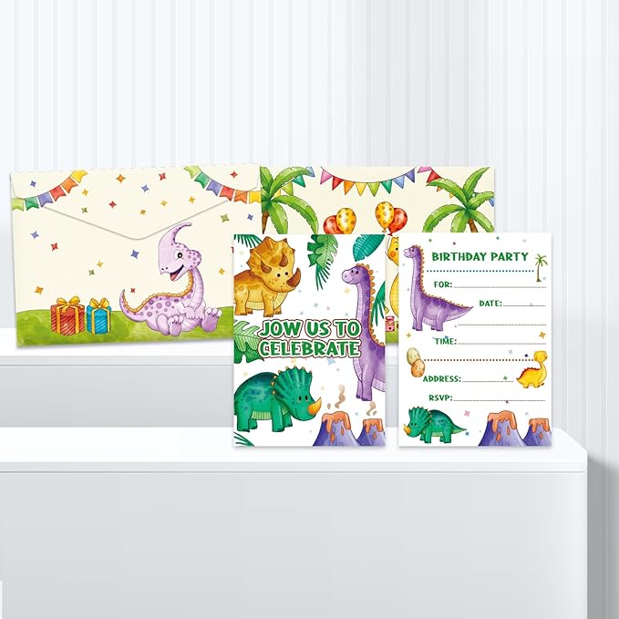 Dinosaur Birthday Party Invitation Kit – 12 Invitation Cards, 12 Envelopes & 12 Seals | Kids Dinosaur Theme Birthday Invitations | Party Supplies for Boys & Girls