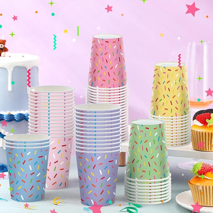 Yungyan 60 Set 6 Colors Sprinkle Paper Cups Bulk 9 oz Confetti Donut Sprinkles Party Cups Sturdy Disposable for Sweet Party Supplies Birthday Wedding Decorations Baby Shower Holiday Celebrations