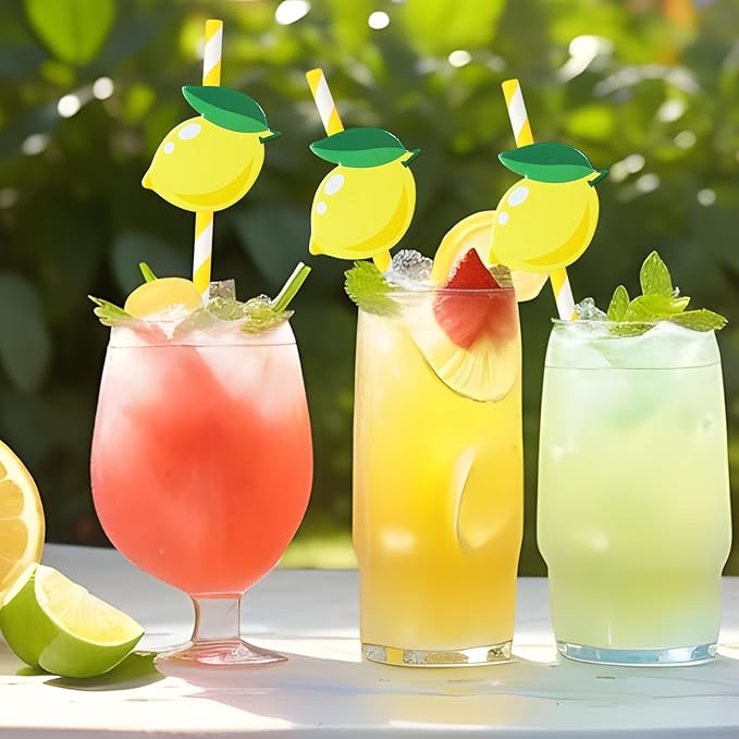 Lemonade Stand Paper Straws - 100PCS Fresh Lemonade Party Decorations Supplies, Lemon Drink Cocktail Striped Straw for Drinks, Birthday Decor for Summer Disposable (Yellow)