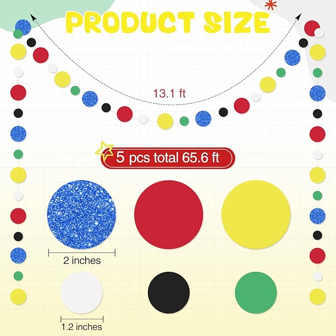 Outus 5 Pieces Colorful Dots Paper Garland Easter Decor Round Glitter Hanging Confetti Streamers Backdrop for Spring Birthday Classroom Halloween Trunk or Treat Car Decoration (Classic Color)