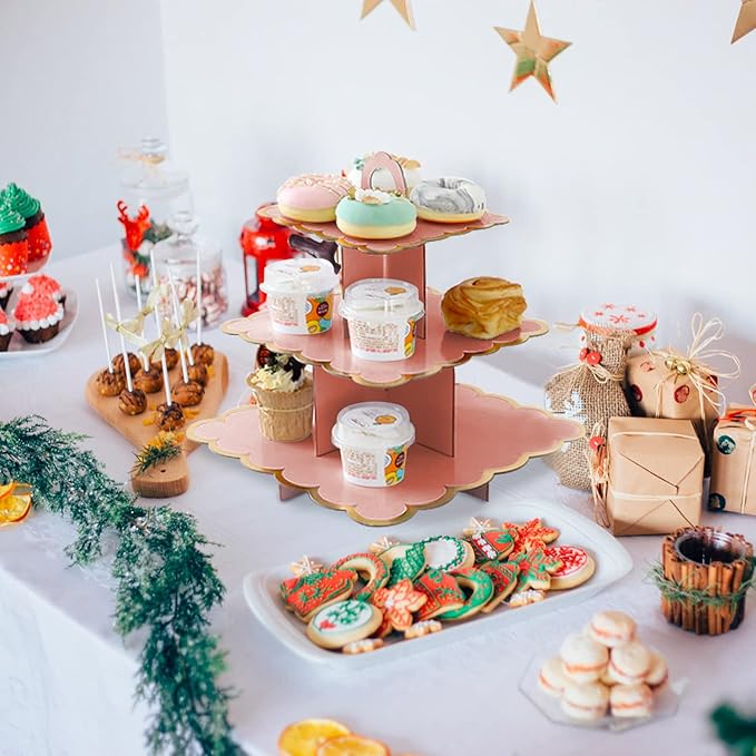Cupcake Stand,3 Set of Square 3-Tier Dessert Plates Mini Cakes Fruit Candy Display Tower Cookie Tray Rack Candy Buffet Holder Cake Stand Cardboard Cupcake Stand Tiered Serving Stand (Pink)