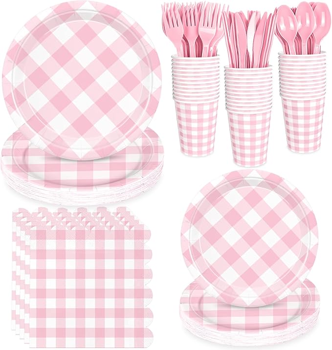 175 Pcs Pink Gingham Party Supplies for 25 Guests, Pink and White Checkered Paper Plates, Cups and Napkins Sets for Baby & Bridal Shower, Wedding, Birthday Party, Outdoor Picnic