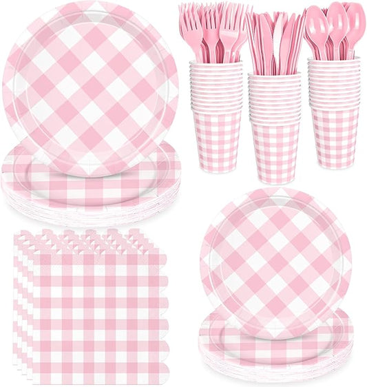 175 Pcs Pink Gingham Party Supplies for 25 Guests, Pink and White Checkered Paper Plates, Cups and Napkins Sets for Baby & Bridal Shower, Wedding, Birthday Party, Outdoor Picnic