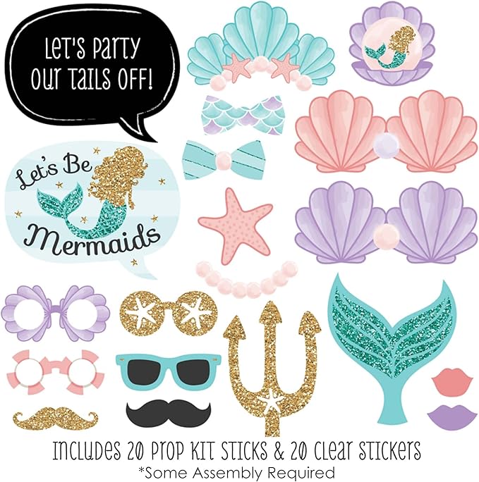Big Dot of Happiness Let's Be Mermaids - Baby Shower or Birthday Party Photo Booth Props Kit - 20 Count