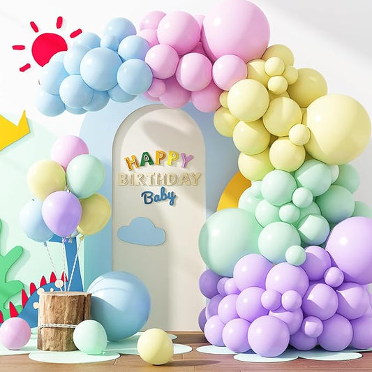 RUBFAC 129pcs Pastel Balloons Different Sizes 18 12 10 5 Inch, Macaron Rainbow Easter Balloon Arch Kit for Baby Shower Birthday Party Gender Reveal Garland Decoration