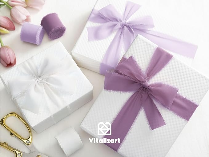 Vitalizart Chiffon Silk Ribbon Handmade Fringe 1.5" x 21 Yd Lavender Light Purple Lilac Frayed Edges Ribbons for Wedding Invitations Bridal Bouquets Gifts Wrapping Crafts Holiday Party Decorations
