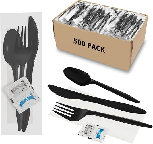 500 Pack Plastic Cutlery Packets, Knife Fork Spoon Napkin Salt Pepper Sets, Individually Wrapped Black Plastic Cutlery Packets for Delivery, Cafeterias, Restaurants