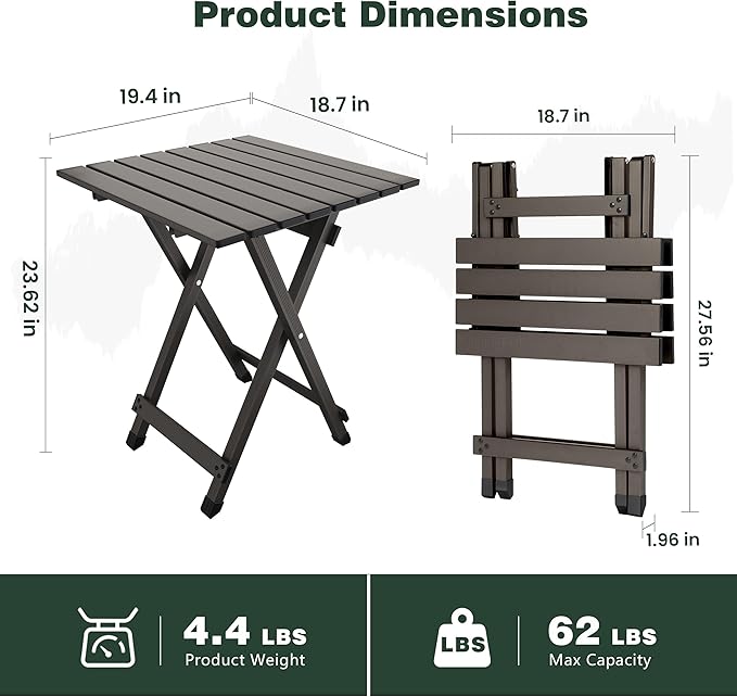 SUNNYFEEL Folding Camping Table - Lightweight Aluminum Portable Picnic Table, 18.5x18.5x24.5 Inch for Cooking, Beach, Hiking, Travel, Fishing, BBQ, Indoor Outdoor Small Foldable Camp Tables