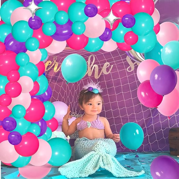 Teal Blue Purple Pink Balloon Garland Arch - Hot Pink Blue Purple Balloons Silver Star Balloons for Under The Sea Princess Girl Grown Up Birthday Baby Shower Party Decorations