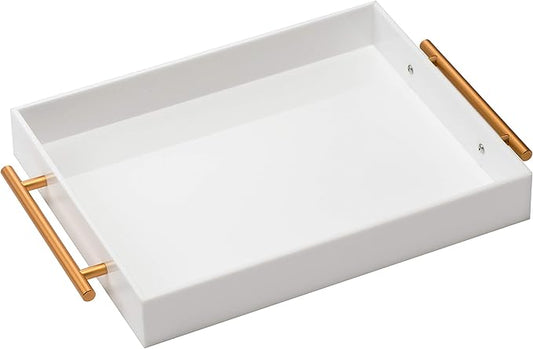 Glossy White Acrylic Tray with Metal Handle,No Need to Assemble-Acrylic Tray for Ottoman,Coffee Table, Breakfast, Tea, Food, Butler - Decorative Tray (12x18 Inch, White)