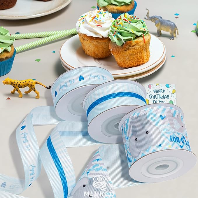 Baby Boy Ribbon 3 Rolls Grosgrain Ribbon Set 5/8", 7/8", 1.5" It's A Boy, Blue Striped Polka Dot Ribbons for Baby Shower, Gift Wrapping, Birthday Party, Diaper Cake Decorations, Hair Bows, Crafts