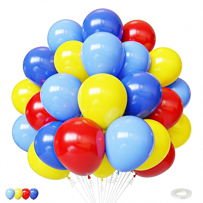 Red Blue Yellow Balloons, 60pcs 12 Inches Blue Royal Blue Red Yellow Balloons with 1 Ribbon for Birthday Baby Shower Carnival Themed Party Decorations