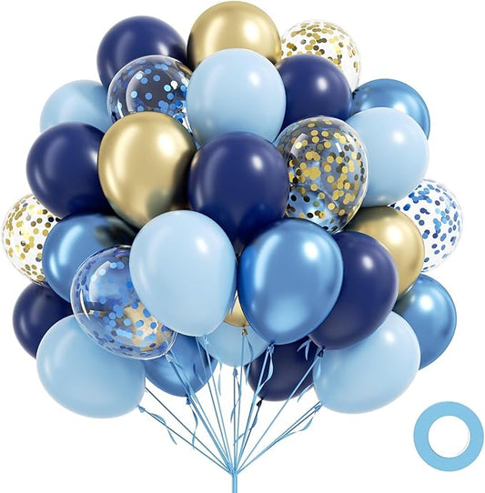 60pcs Navy Blue and Gold Balloons 12inch, Pastel Metallic Blue Gold Confetti Balloons for Baby Shower Graduation Birthday Party Decorations