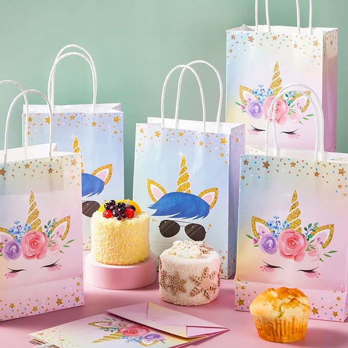 Gersoniel 16 Pcs Unicorn Party Favor Bags with Handles Unicorn Gift Goodie Treat Bags for Birthday Party Favors Supplies(10.4 x 8.2 x 4.3 Inch,For Girls and Boys)