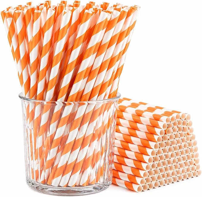 100 Pack Orange and White Striped Paper Straws, 7.75" Disposable Drinking Straws, Paper Party Straws for Halloween, Birthday, Bridal Shower and New Year Supplies