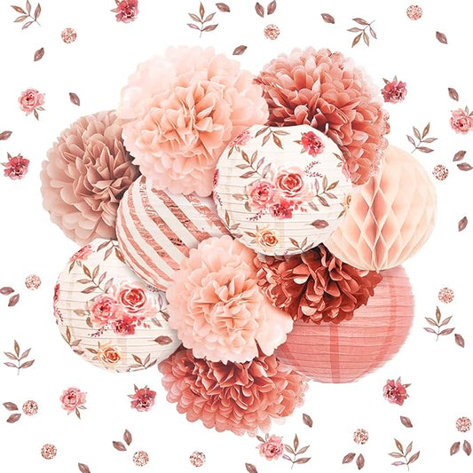 NICROLANDEE Wedding Decorations, 12PCS Rose Gold Paper Lanterns Tissue Pom Poms Confetti Decor for Bridal Shower Bachelorette Valentines Party, Rose Gold Pink Girl Birthday Party Decoration