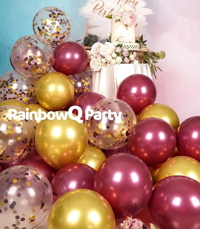 Metallic Burgundy and Gold Balloons 12 Inch 67PCS Gold Maroon Shiny Confetti Balloons Latex Helium Balloon Set for Graduation Wedding Birthday Party Decorations
