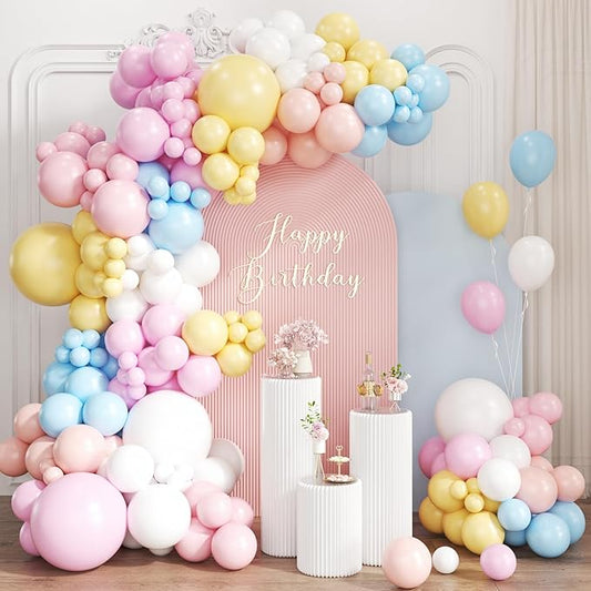 Pastel Balloon Garland Arch Kit, 167Pcs Macaron Colorful Yellow White Pink Blue Orange Plum Balloons for Rainbow Birthday Graduation Pride Month Party Decorations