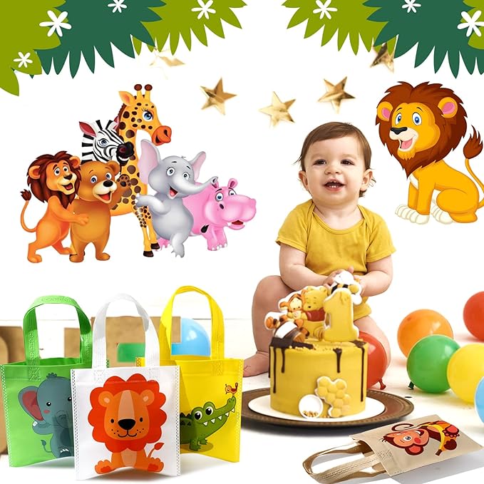 Tallew 24 Pack Safari Favor Bags with Handle Non Woven Jungle Animal Treat Goody Bags Lion Tiger Elephant Monkey Crocodile Giraffe Safari Birthday for Kids Party Baby Shower Decorations Supplies