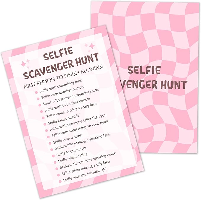 Selfie Scavenger Hunt Birthday Party Games Cards for Birthday Sleepover Slumber Party Pink Sweet Party Favors & Supplies Activity for Women Set of 20 - YY026