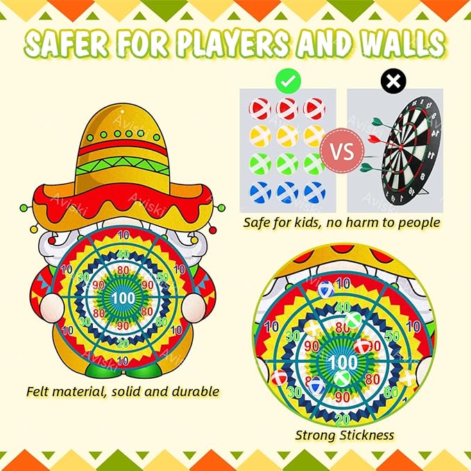 Cinco de Mayo Dart Board Set, Mexican Gnome Party Board with 12 Stick Balls, Hook, Kids Mexico Party Indoor Outdoor Games, Mexican Birthday Party Suppiles for Boys/Girls/Adults Fun