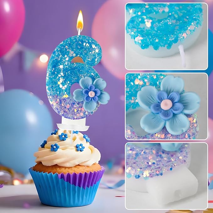 Blue Purple Flower Birthday Number Candles, Flower Theme Party Decorations, Cupcake Decorations, Suitable for Party Celebrations, Boys and Girls Birthday Decorations（6）