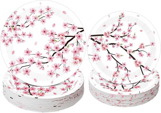 Funnymoom 60 Pcs Cherry Blossom Paper Plates 9 in and 7 in Watercolor Pink Floral Party Decorations Plates Disposable Dinner Tableware for Bridal Shower Wedding Tea Summer Birthday Supplies