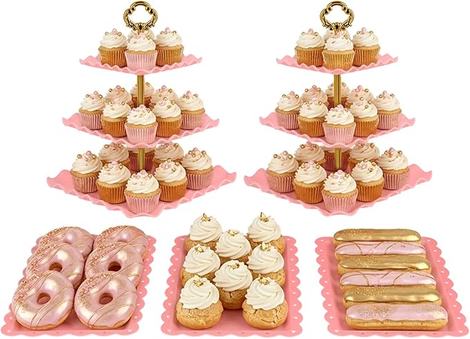 NWK 5 Piece Cake Stand Set with 2 x Large 3-Tier Cupcake Stands, 3 x Appetizer Trays, for Wedding Birthday Baby Shower Tea Party Decorations (Pink)