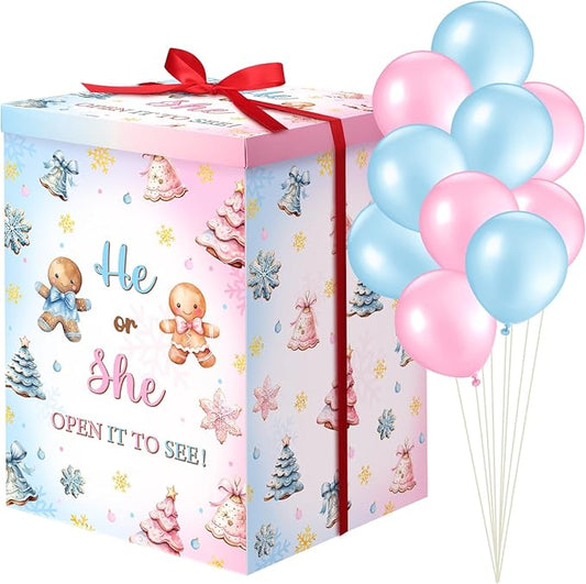 Hungdao Gender Reveal Balloon Box with Ribbon and 10 Pink and Blue Balloons Gender Reveal Games He or She Open to See for Party Decoration 12"x12"x16" (Gingerbread and Trees)