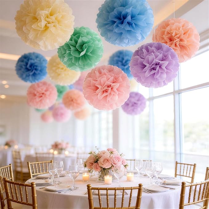 EASY JOY 15PCS Pastel Paper Tissue Pom Poms Decoration Macaron Rainbow Candy Ice Cream Easter Flowers Wall Hanging Decor for Birthday Wedding Baby Shower