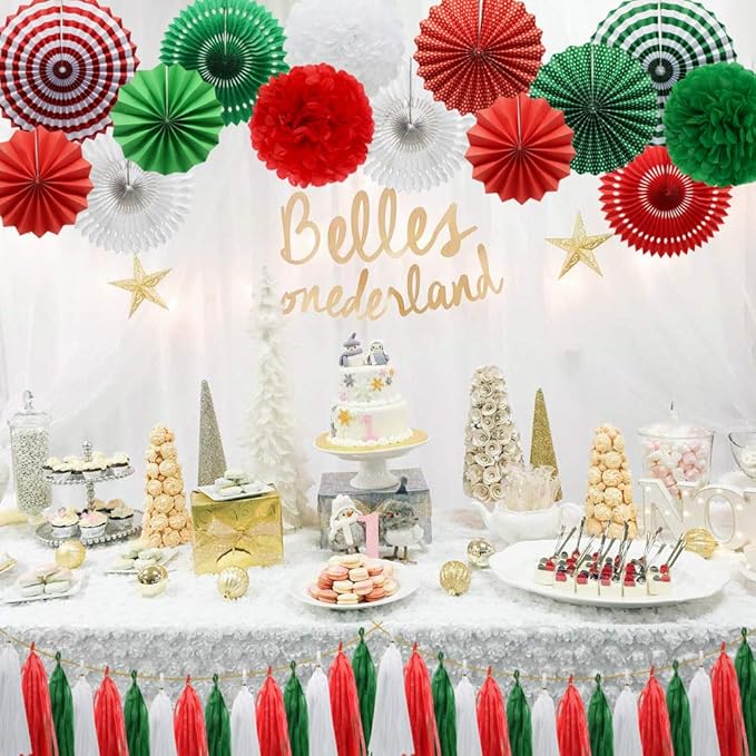 Red Green White Hanging Paper Fans Pom Poms Flowers Tissue Tassel Garland for Graduations Christmas St. Patrick's Day Party Decorations