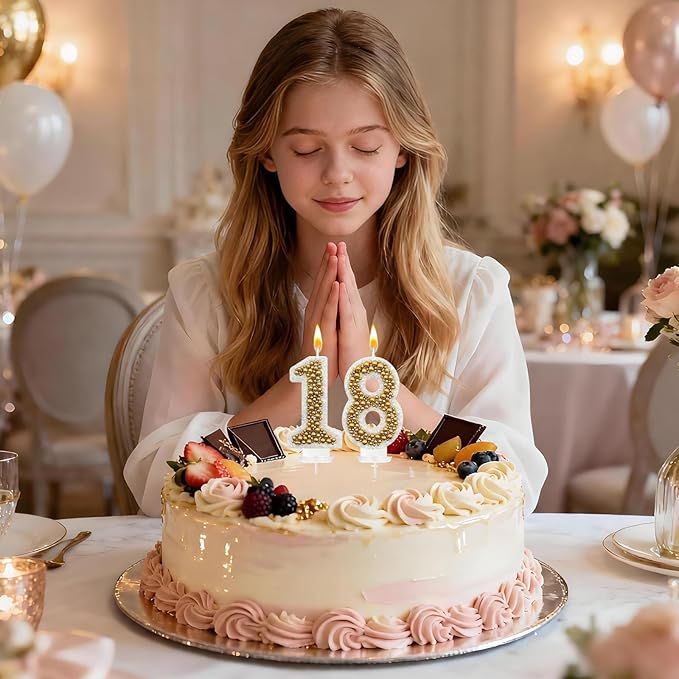 18 Birthday Number Candle for Cake, Glitter Number Candle with Gold Beads, Decorative Cake Topper for Milestone Celebrations