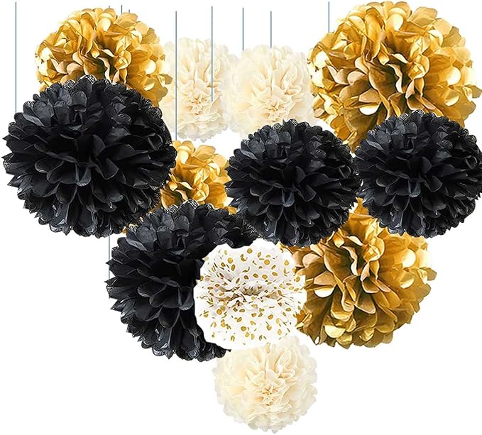 XIKSXITN 12 pc Black Gold Gradient Tissue Paper Pompoms-Hanging Gold Dot White Paper Pom Poms Paper Flowers Ball for Party Decorative(8&10&12 inch)
