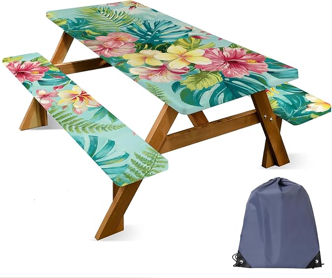 ANNA QUEEN Summer Flowers Picnic Table Cover 6FT with Bench Covers Picnic Table Cover Set 3PCS 72"x30", Outdoor Bench and Tablecloth Furniture Protection