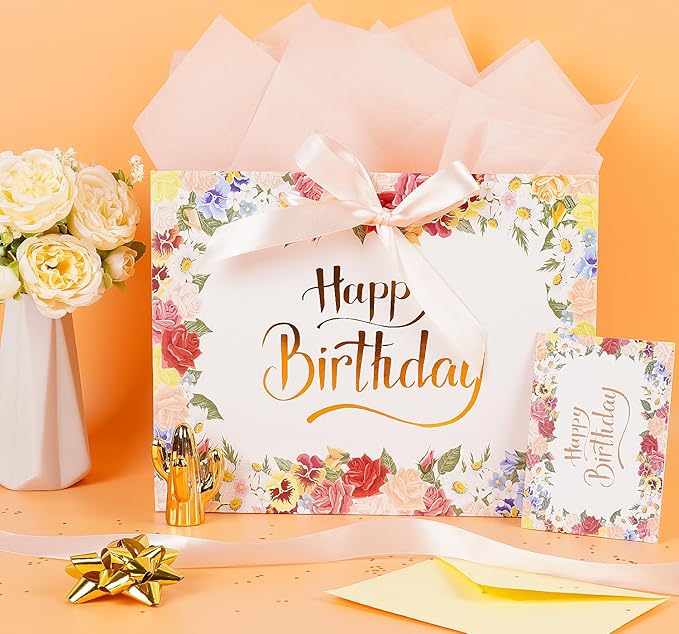 Jaywayang Large Happy Birthday Gift Bag with Card Envelope and Tissue Paper for Women Girls - 12.6"x10"x5.1" Floral Design with Ribbon Handles.