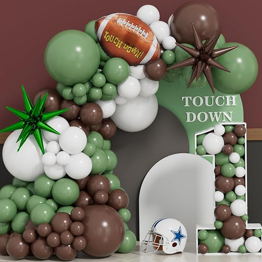 Football Balloon Garland Arch Kit, 129Pcs Green and Brown Balloons Big Star Football Foil Balloons Sage Green White Balloon for Touch Down Rugby Birthday Sports Party Decorations
