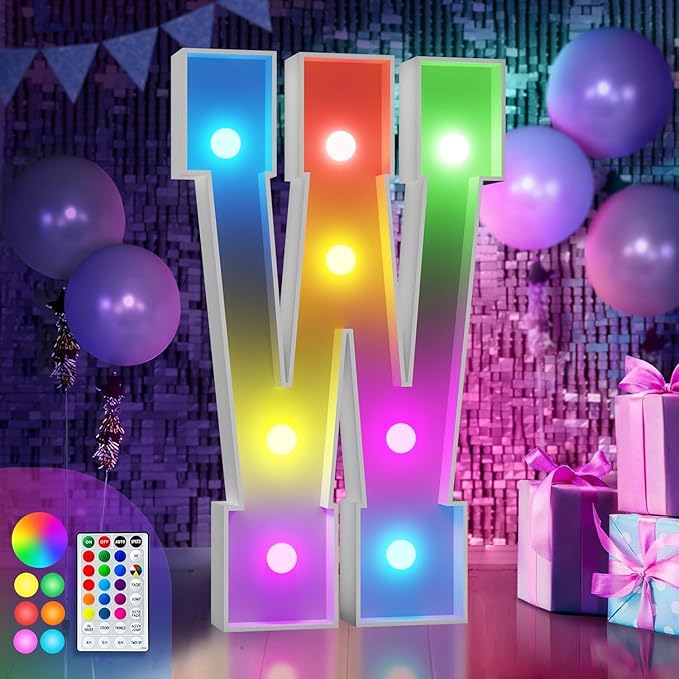 imprsv 3FT Colorful Marquee Letters W, 18 Colors Large Light up Letters Alphabet Sign with Remote, Big Marry Me Sign, Birthday Party Decorations Anniversary Wedding Decoration